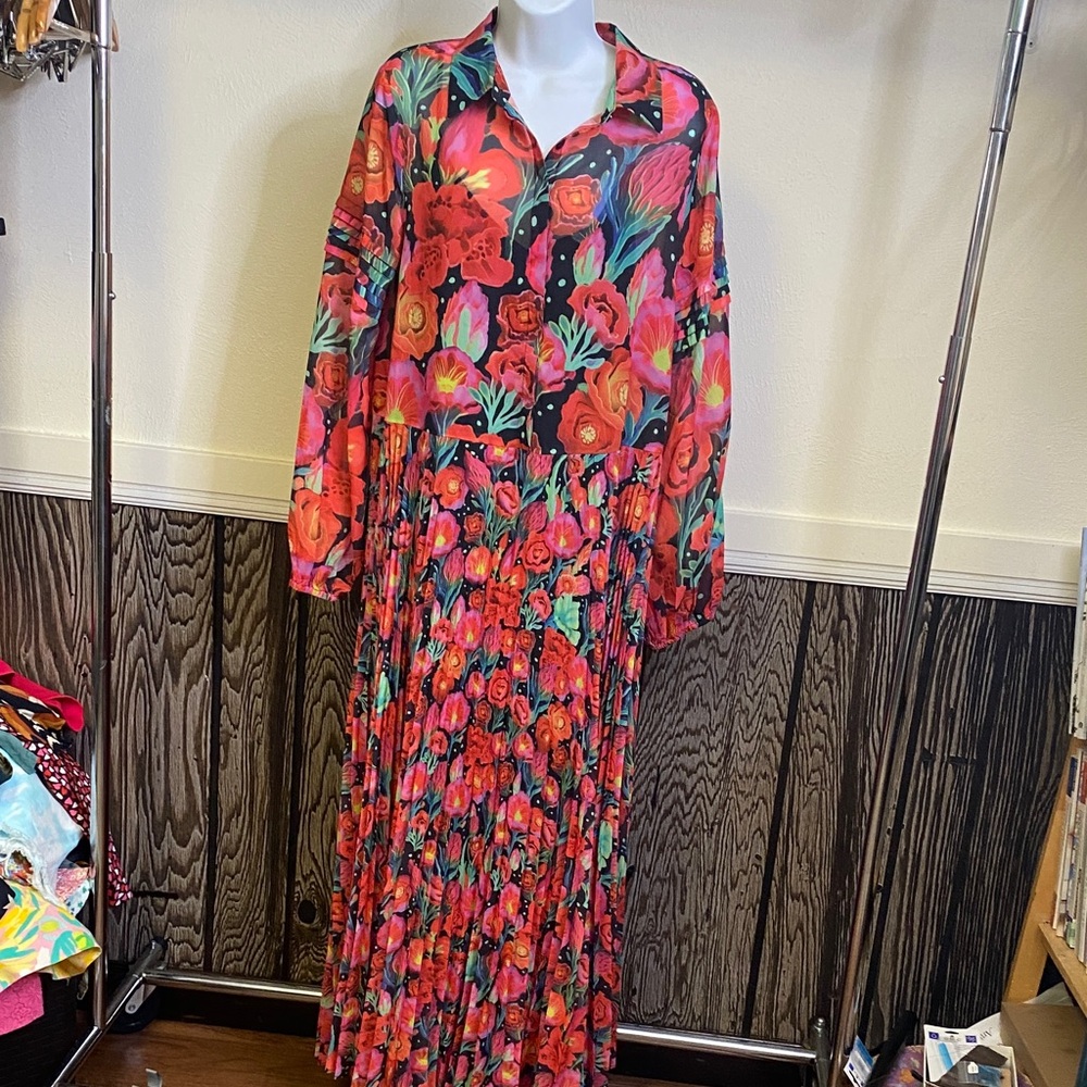 FARM Rio Floral Long Sleeve Maxi Dress in Red, Pink, Green